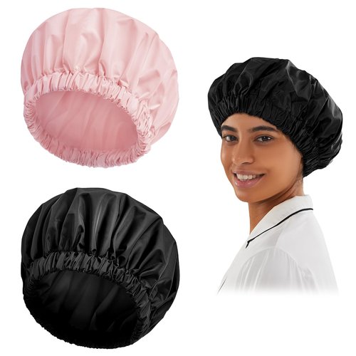Reusable Shower Cap for Women, Large Waterproof Shower Bonnet Washable Elastic Band Bath Hair Hat for Long Hair, Braids(Pink&Black)