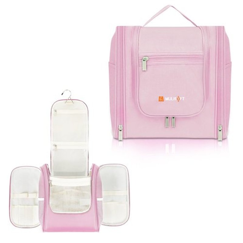 MULISOFT Travel Toiletry Bag for Women & Man, Extra Large Toiletry Bag, Portable Hanging Toiletries Bag, Water Resistant Dopp Kit for Toiletries, Cosmetics, Big Comparment Travel Makeup Bag, Pink