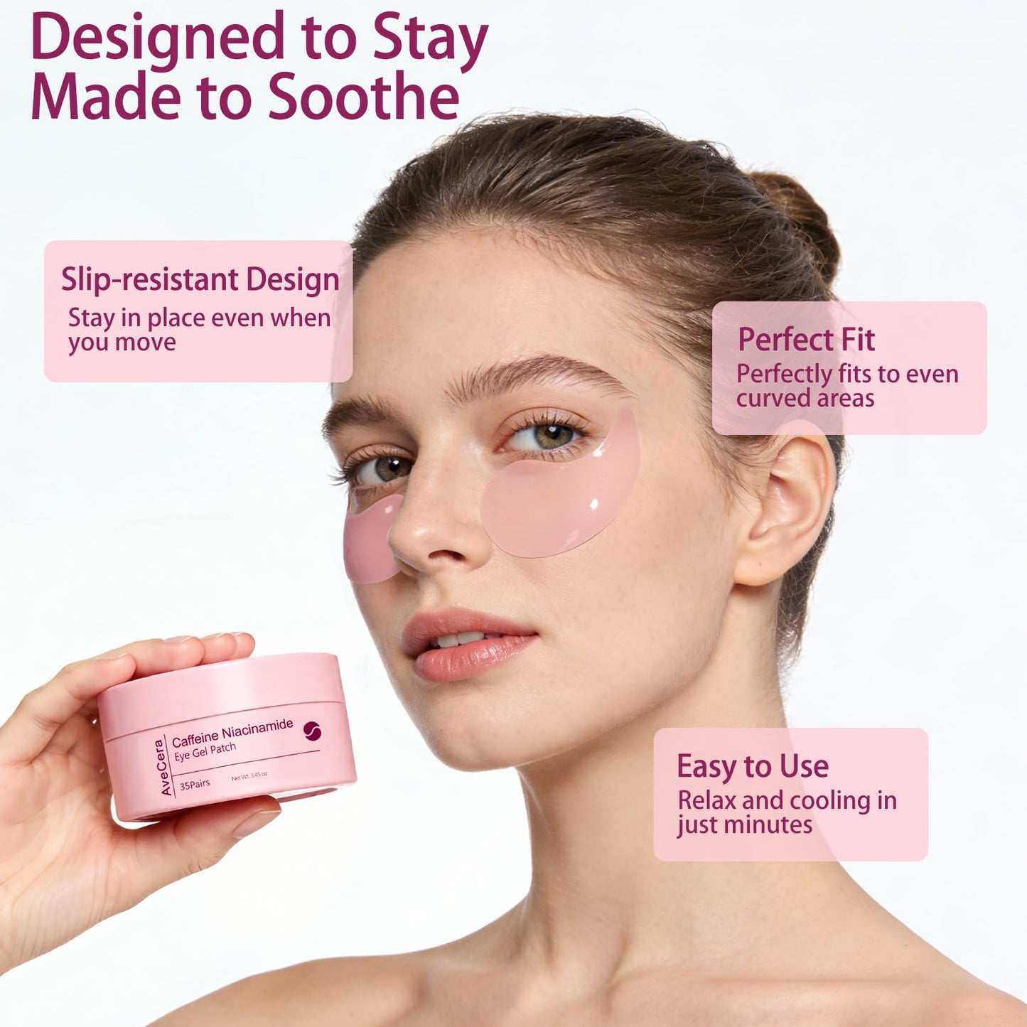 AveCera 70Pcs Caffeine Peptide Under Eye Patches for Dark Circles Puffiness, Gel Eye Masks with Rose Essence Hyaluronic Acid Niacinamide Anti Wrinkle & Fine Lines Hydrating & Cooling for Men & Women