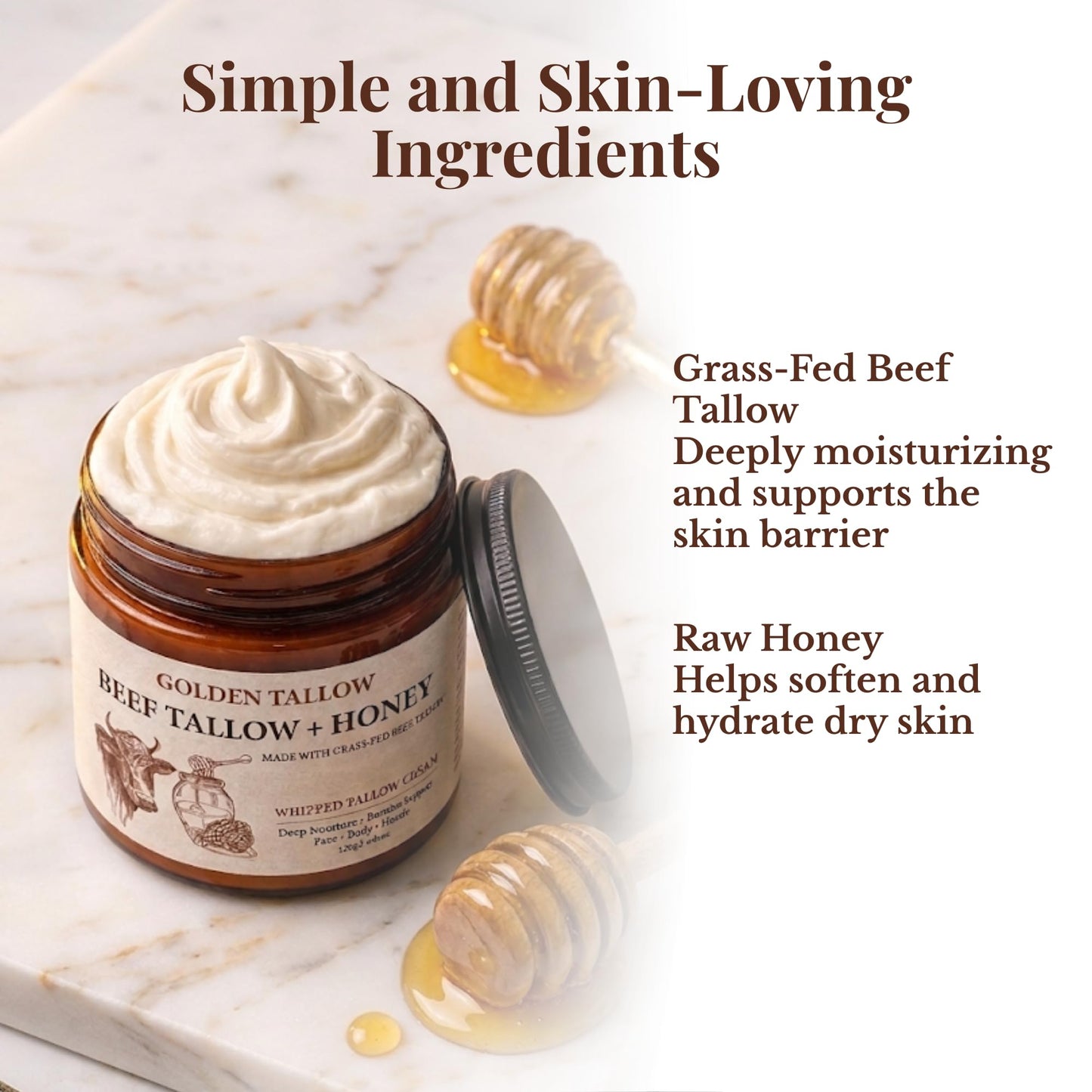 Golden Tallow Whipped Tallow Honey Balm for Face & Skin, Beef Tallow Moisturizer Cream, Tallow Face Moisturizer, Tallow and Honey Balm, Deep Moisture for Dry Skin, 4.2 Oz