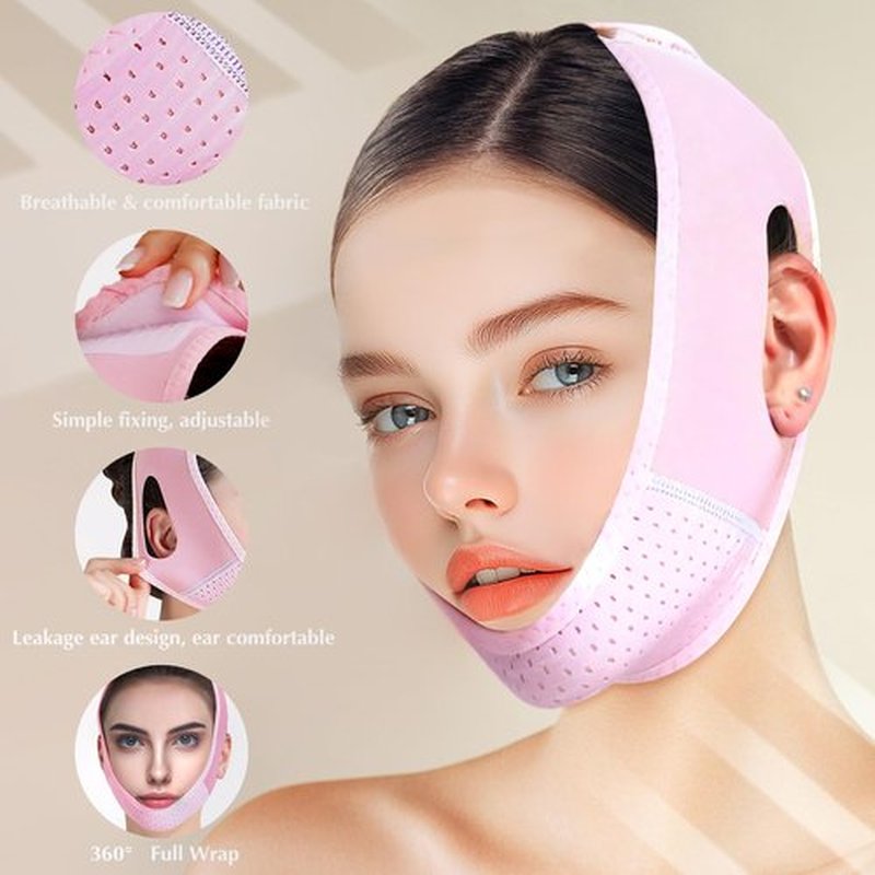 Beiskll Reusable V Line Lifting Mask with Chin Strap, V Shaped Face Mask for Sagging, Jaw Exerciser (Pink and Green)