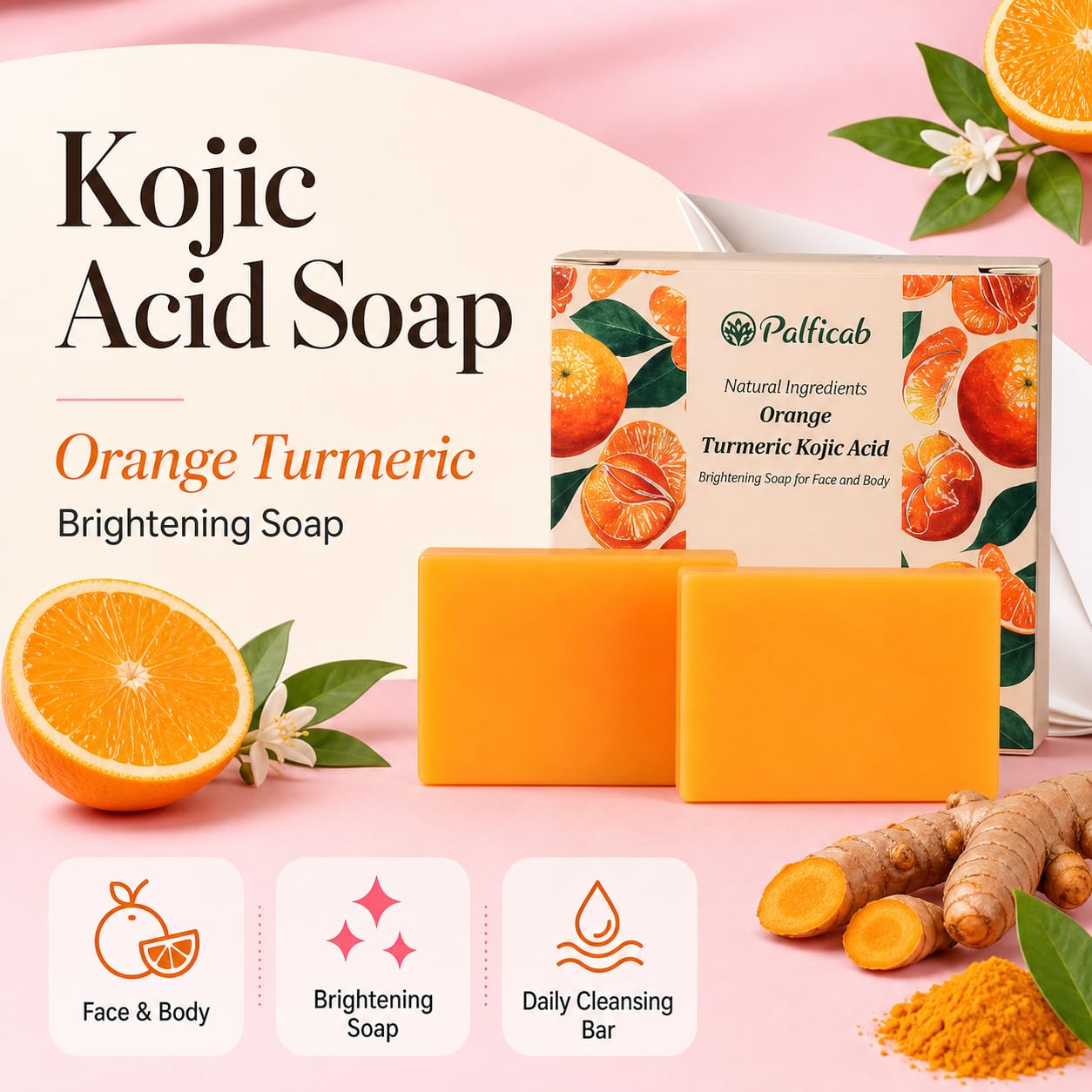 PALFICAB Kojic Acid Turmeric Soap for Dark Spots, 2 Bars with Foaming Net