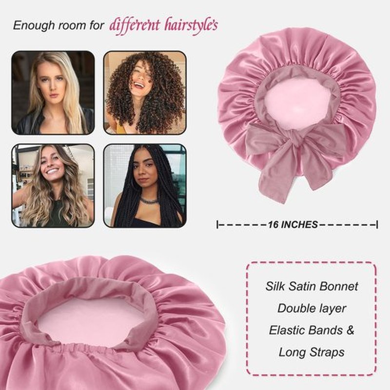 Satin Silk Bonnet Hair Bonnet for Sleeping Jumbo Sleep Cap, Bonnet for Women Curly Hair, Double Layer Bonnet with Tie Band, Shower Cap-Pink