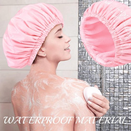 Pink Shower Cap for Women Terry Lined Bath Cap Large Reusable Waterproof Elastic Band Shower Caps for Long Thick Hair Soft Bath Shower Hair Caps