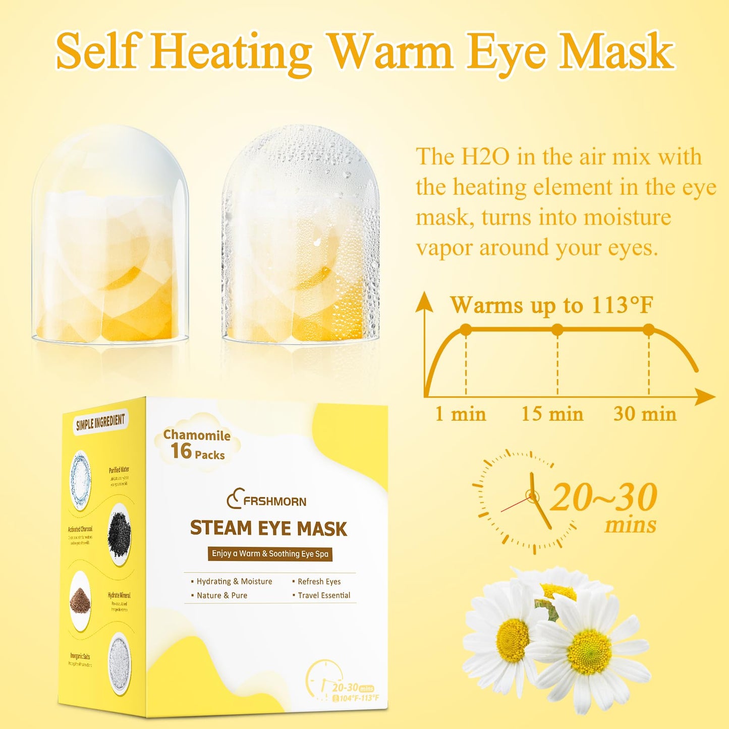 FRSHMORN 16Packs Steam Eye Mask, Heated Eye Mask for Sleeping, Warm Compress for Eyes, Self Heating Disposal Steam Mask for Home Sleep, Office, Spa, Travel Essentials Mothers Day Gifts (Chamomile)