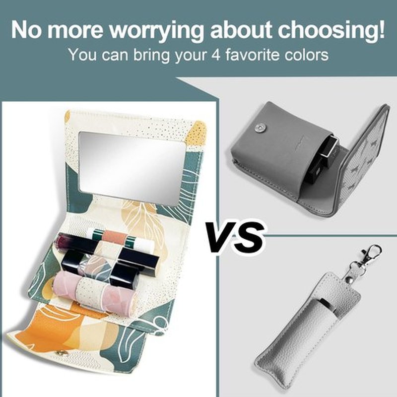 LAOTANGJIA PU Lipstick Case Holder with Mirror,Holds 4pcs of Long Lipsticks,Lipstick Holder,Makeup Travel Cases Organizer Bag for Outside Mini Bag Pouch,for Gift Women Girls