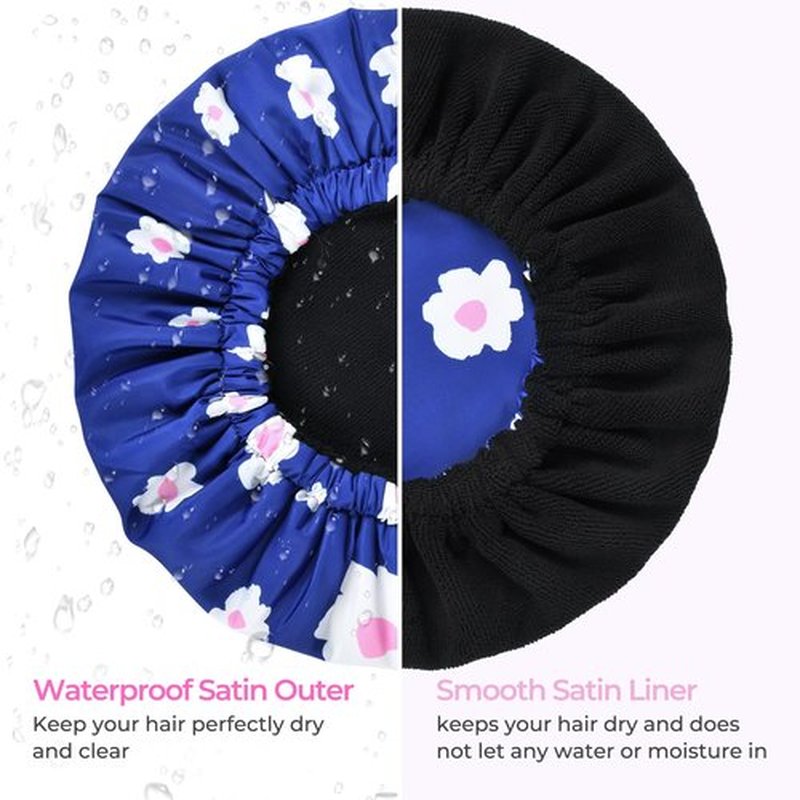 Shower Cap for Women Terry Lined Bath Cap Large Reusable Waterproof Elastic Band Blue Shower Caps for Long Thick Hair Soft Bath Shower Hair Caps