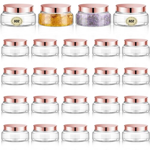 Tessco 24 Pack Plastic Jars with Lids Labels Plastic Containers Round Refillable Cosmetic Containers Empty Body Butter Jars Sugar Scrub Containers for Cosmetics (Clear, Rose Gold,5 oz)