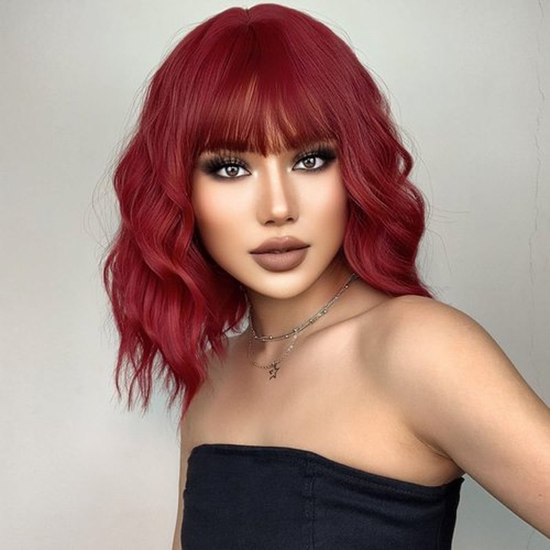 incohair Wine Red Wig with Bangs Women Girls Short Curly Wavy Bob Wig Shoulder Synthetic Halloween Party Wigs Wig Cap Included