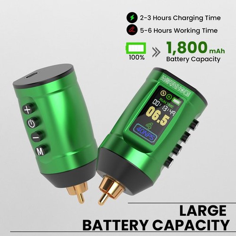 Wormhole Tattoo Battery Pack Wireless Tattoo Power Supply Rechargeable Cordless Tattoo Power Supply Portable RCA Lithium Battery Pack 1,800mAh Capacity with LED Digital Display for Tattoo Gun WB13-B