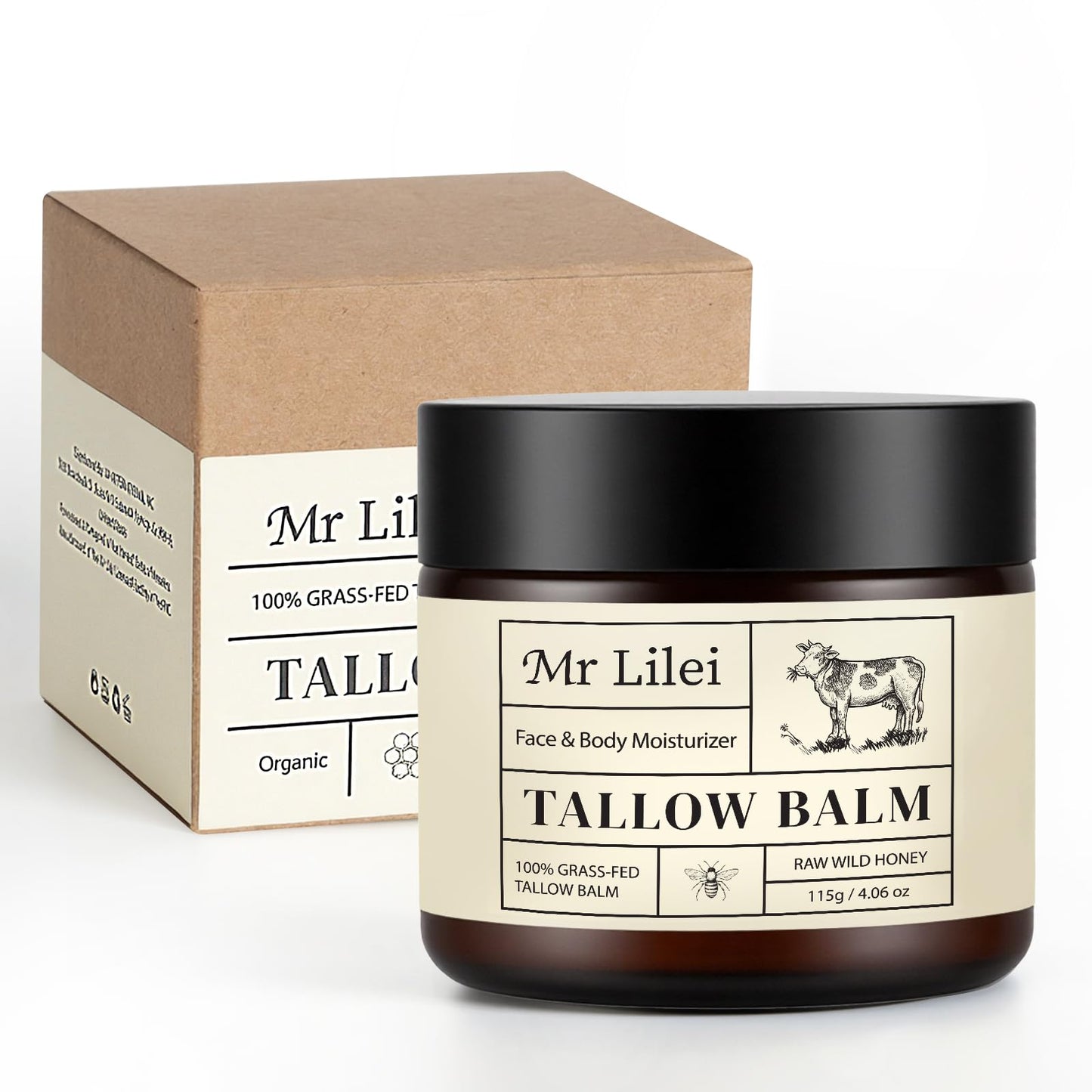 Lilei Beauty Beef Tallow for Skin, Grass-Fed Beef Tallow and Honey Balm, Whipped Body Butter & Face Moisturizer, Unscented Body Cream, Soothes Dry & Sensitive Skin