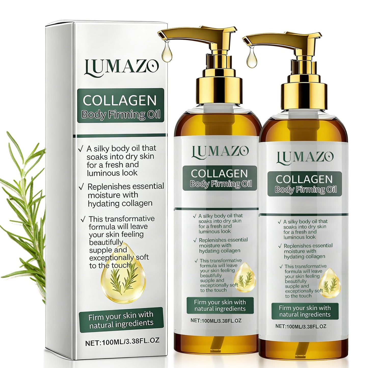 LUMAZO Collagen Oil, Collagen Oil For Body Skin Tightening, Lightweight Non-Greasy and Firms Skin With Natural Ingredients 3.38 Fl Oz (2PCS)