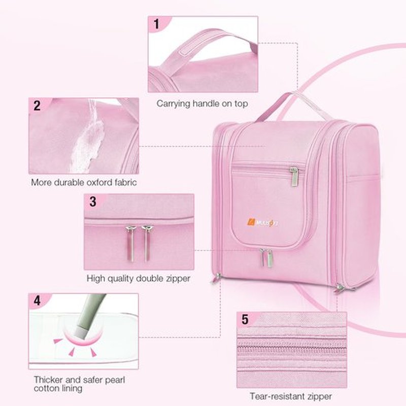 MULISOFT Travel Toiletry Bag for Women & Man, Extra Large Toiletry Bag, Portable Hanging Toiletries Bag, Water Resistant Dopp Kit for Toiletries, Cosmetics, Big Comparment Travel Makeup Bag, Pink