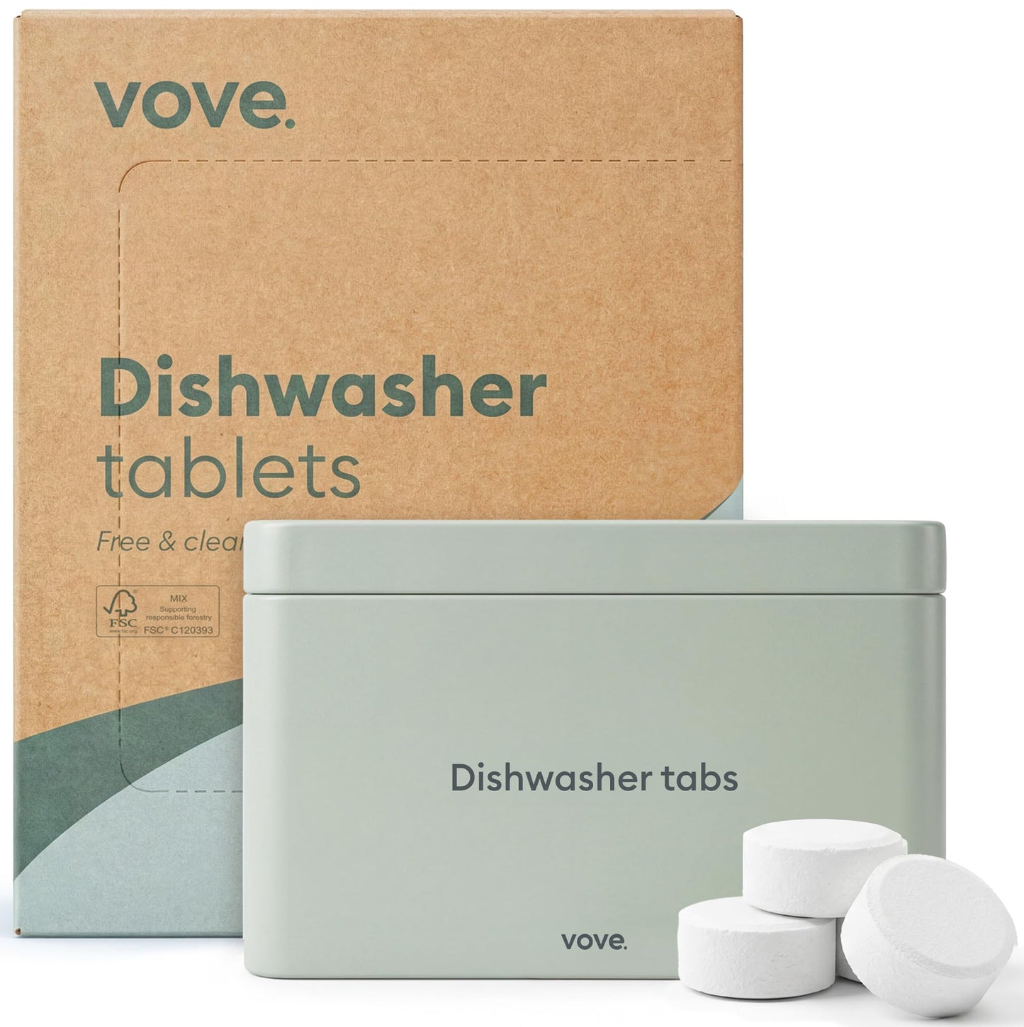 Vove Dishwasher Detergent Tablet Starter Set, 40 Count with Reusable Storage Tin - Plastic-Free, No PVA, No Microplastics - 2x Enzyme Power, Plant-Based, Fragrance-Free, Septic Safe