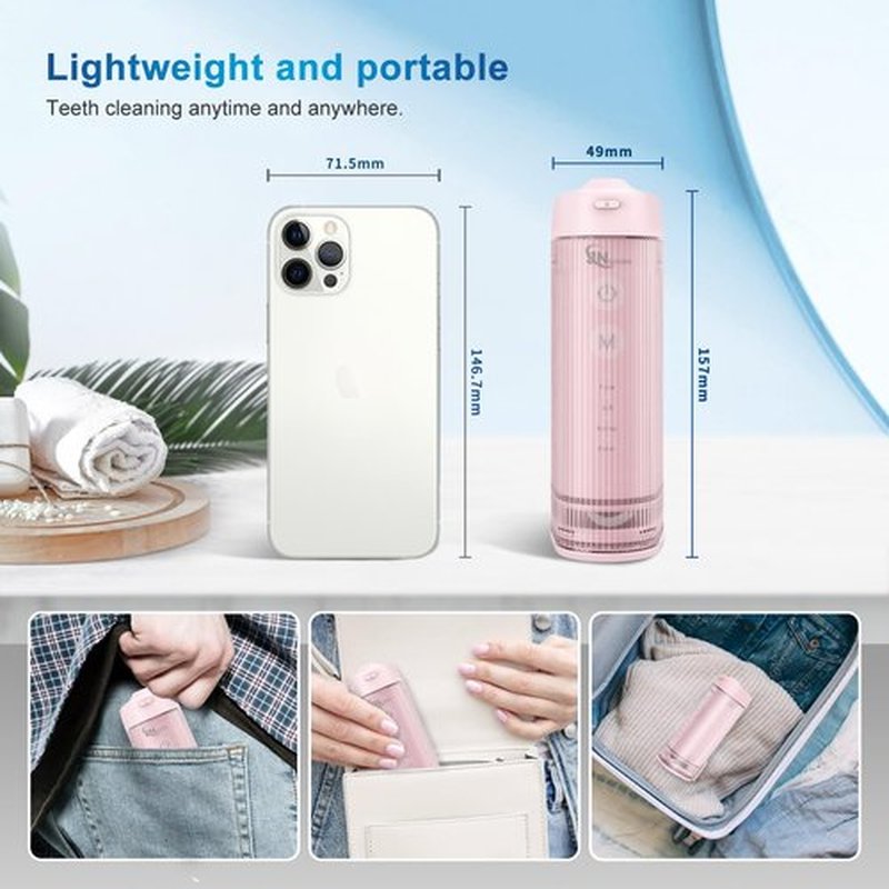 JNGOODS Mini Portable Water Flosser Oral Irrigator Water Teeth Cleaner Pick, Telescopic Water Tank, 4 Modes & IPX7 Waterproof, Home & Travel Water Flossers for Teeth, Braces Bridges Care. (Pink)