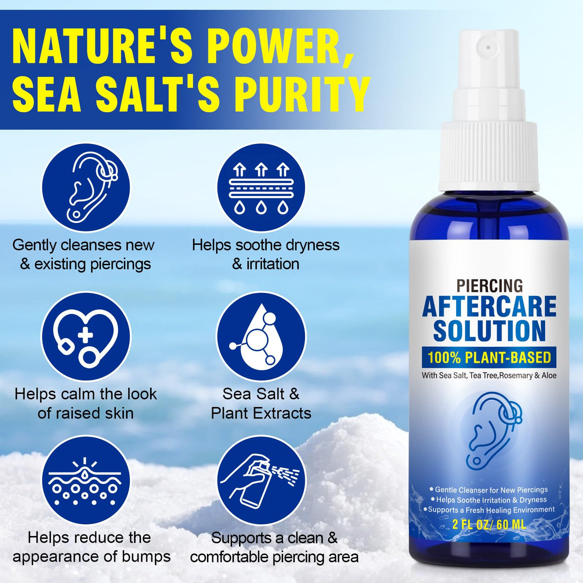 Piercing Aftercare Spray, Piercing Aftercare Solution, Sea Salt Spray for Body and Facial Piercings, Ear, Nose, Navel, Oral & Body Piercing Cleaner, Fine Mist 2 Fl Oz