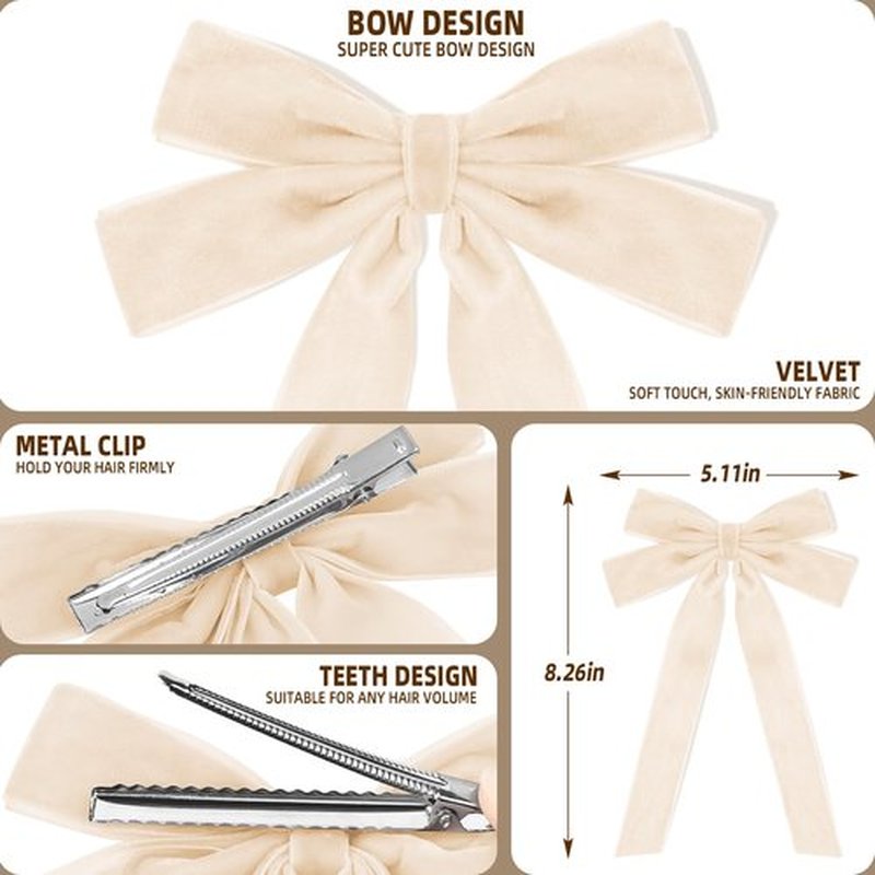 2PCS Beige Hair Bows Soft Velvet Bow Hair Clip with Long Tail Hair Accessories for Women Girls Toddlers