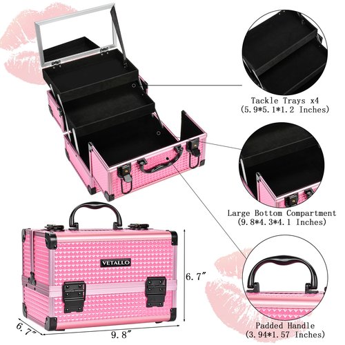 VETALLO Travel Makeup Box, Lockable Makeup Box Organizer I Makeup Train Case I Makeup Case Organizer I Makeup Box with Mirror I Large Makeup Organizer I Gifts For Her Women Bestie I Pink