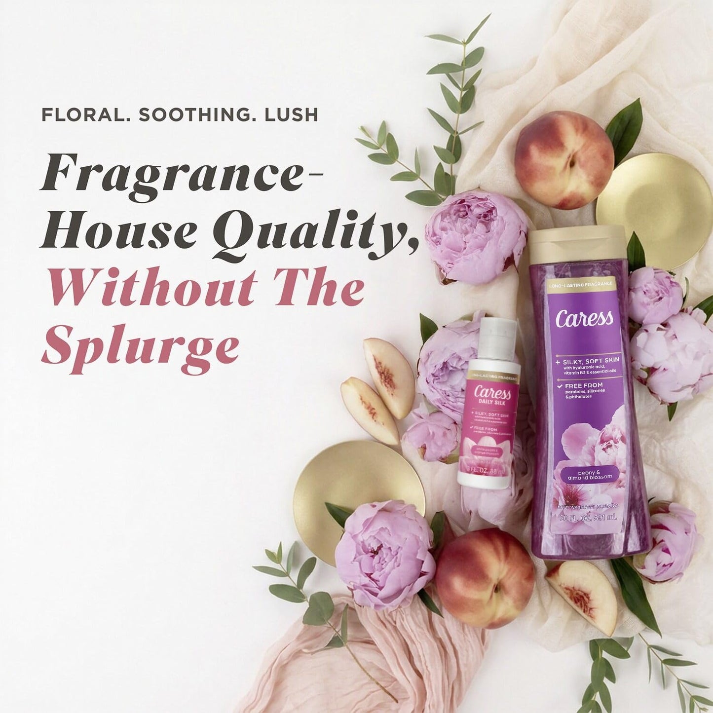Caress Body Wash, Daily Silk Travel-Size + Full-Size Peony & Almond Blossom Body Wash – Bath & Shower Essentials for Soft, Silky Skin