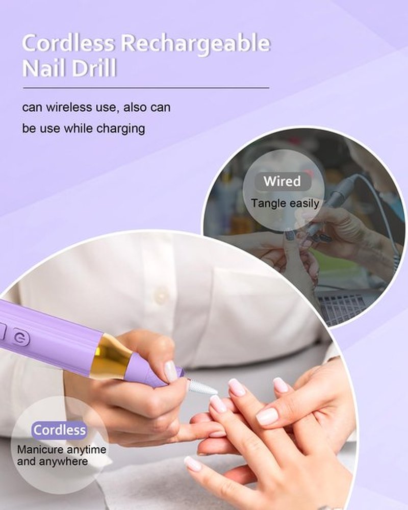 DEEHENK Nail Drill,Cordless Electric Files for Gel Nails E-File Manicure Kit Women Rechargeable Wireless Drill para Uñas Profesional Machine Grinder Acrylic Purple