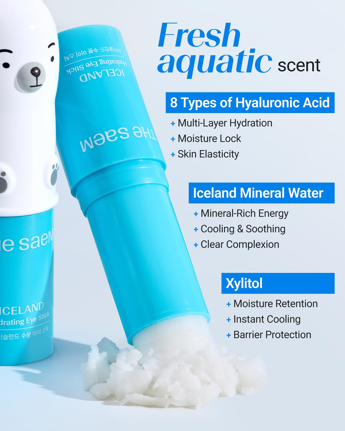 THESAEM Iceland Hydrating Eye Stick 3-Pack Set with Cute Bear Keyring - Cooling Balm Trio for Dark Circles, Wrinkles & Puffiness – Peptide & Collagen Under Eye Treatment - K-Beauty Gift Set