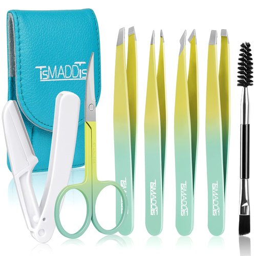 Eyebrow Tweezer Set, TsMADDTs 7 Pcs Tweezers Set for Women, Precision Tweezer for Eyebrows with Curved Scissors and Eyebrow Razor for Ingrown Hair,Yellow&Green