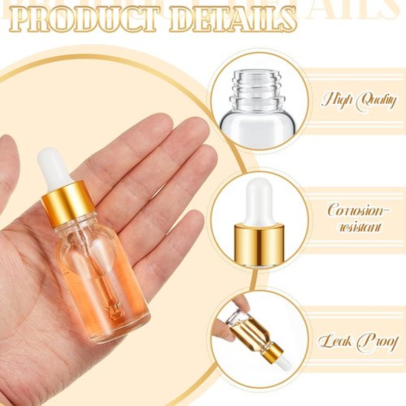 Didaey 100 Pcs Mini Glass Dropper Bottle Bulk, 15 ml Gold Clear Essential Oil Dropper Bottles Small Tincture Empty Bottles Sample Containers Perfume Liquid Vials with Cap for Traveling
