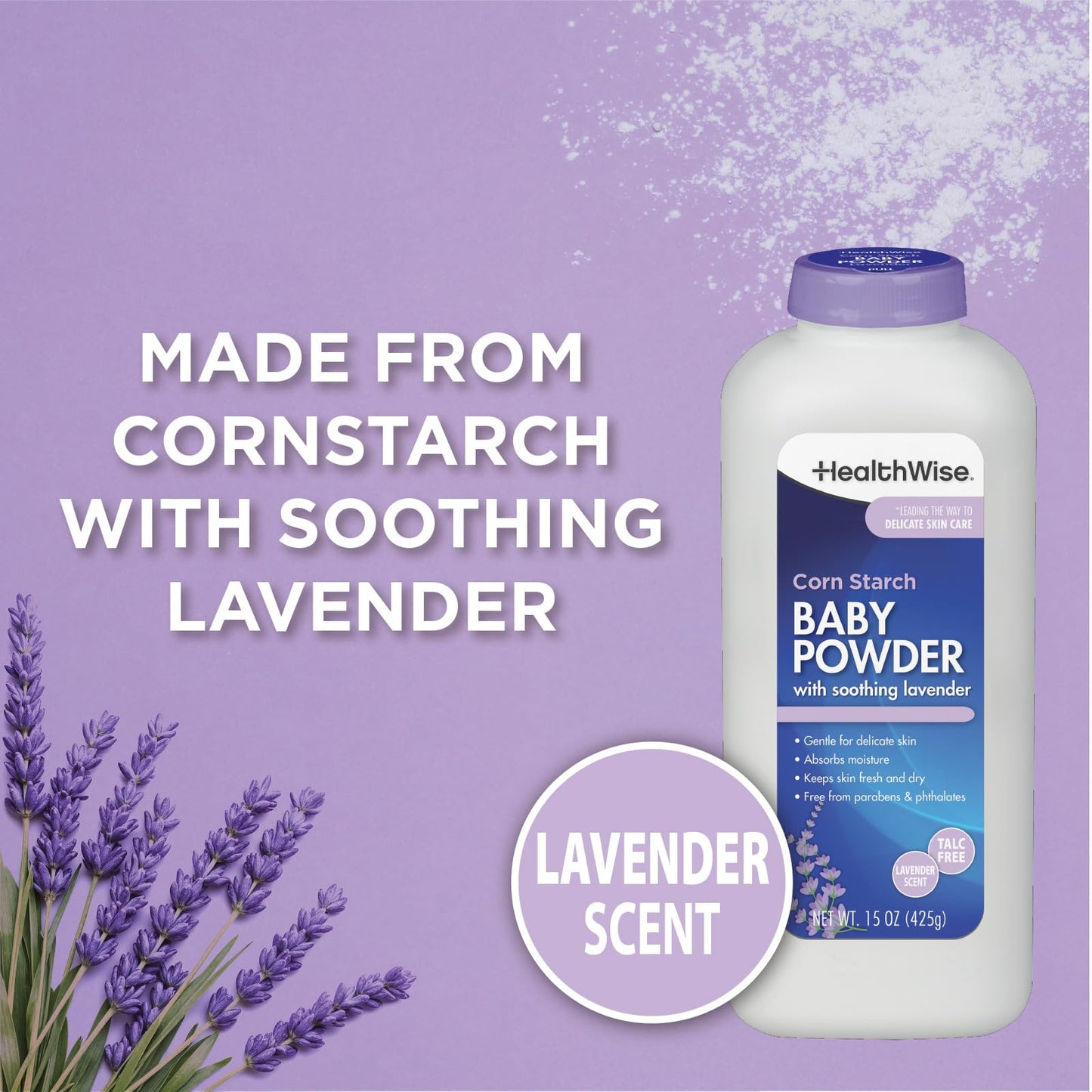 HealthWise Corn Starch Baby Powder | Aloe + Vitamin E | Talc Free | Paraben & Phthalate Free | Absorbs Moisture | 15 oz (425g)
