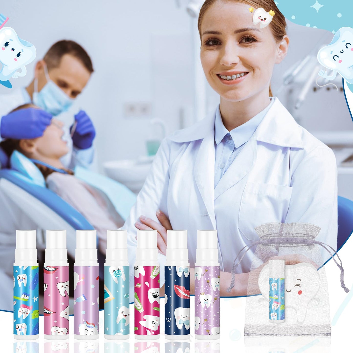 Heigble 36 Set Dental Gift Teeth Lip Balm Tooth Shape Card Organza Bag Dental Assistant Accessories Dentist Hygienist Appreciation Stuff for Women Doctor Nurse CNA Week Graduation Birthday Party Favor