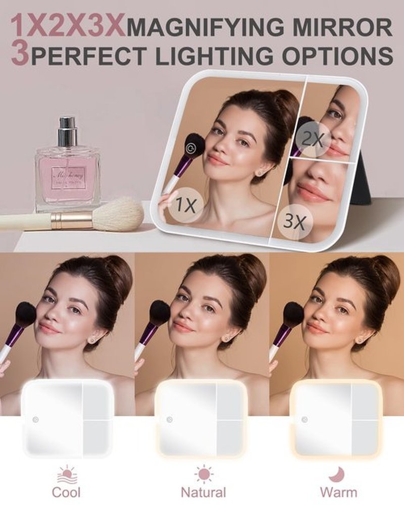 MAYFIY Makeup Bag with LED Mirror and Travel Makeup Train Case Cosmetic Organiser with 2X3X Magnifying Mirror and Separate Makeup Brush Panel, Portable Adjustable Divider Storage Bag, Pink