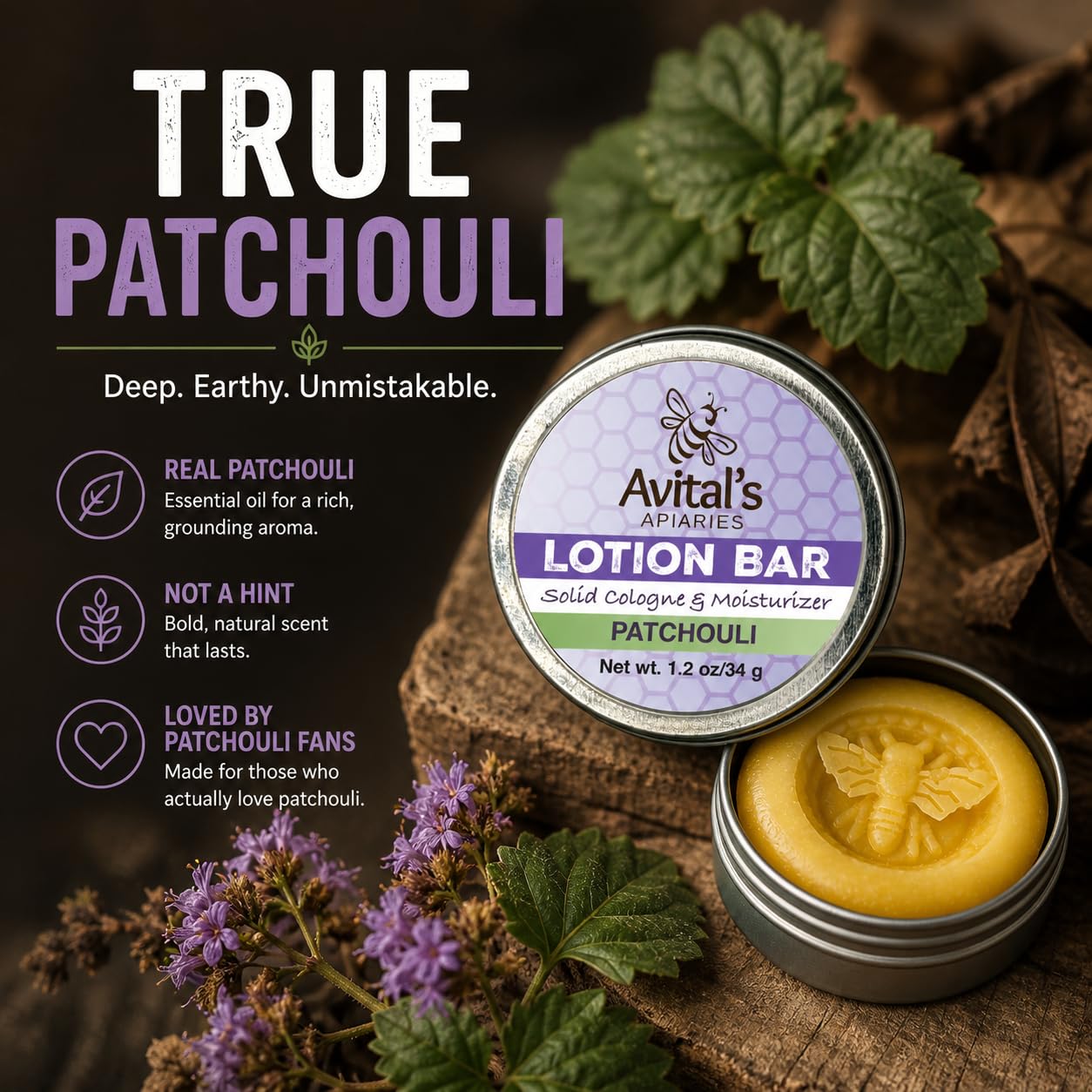 Avital's Apiaries Patchouli Lotion Bar – Solid Moisturizer with Shea Butter & Beeswax – Natural, Plastic-Free Body Lotion for Dry Skin – Travel-Friendly, Waterless Skincare