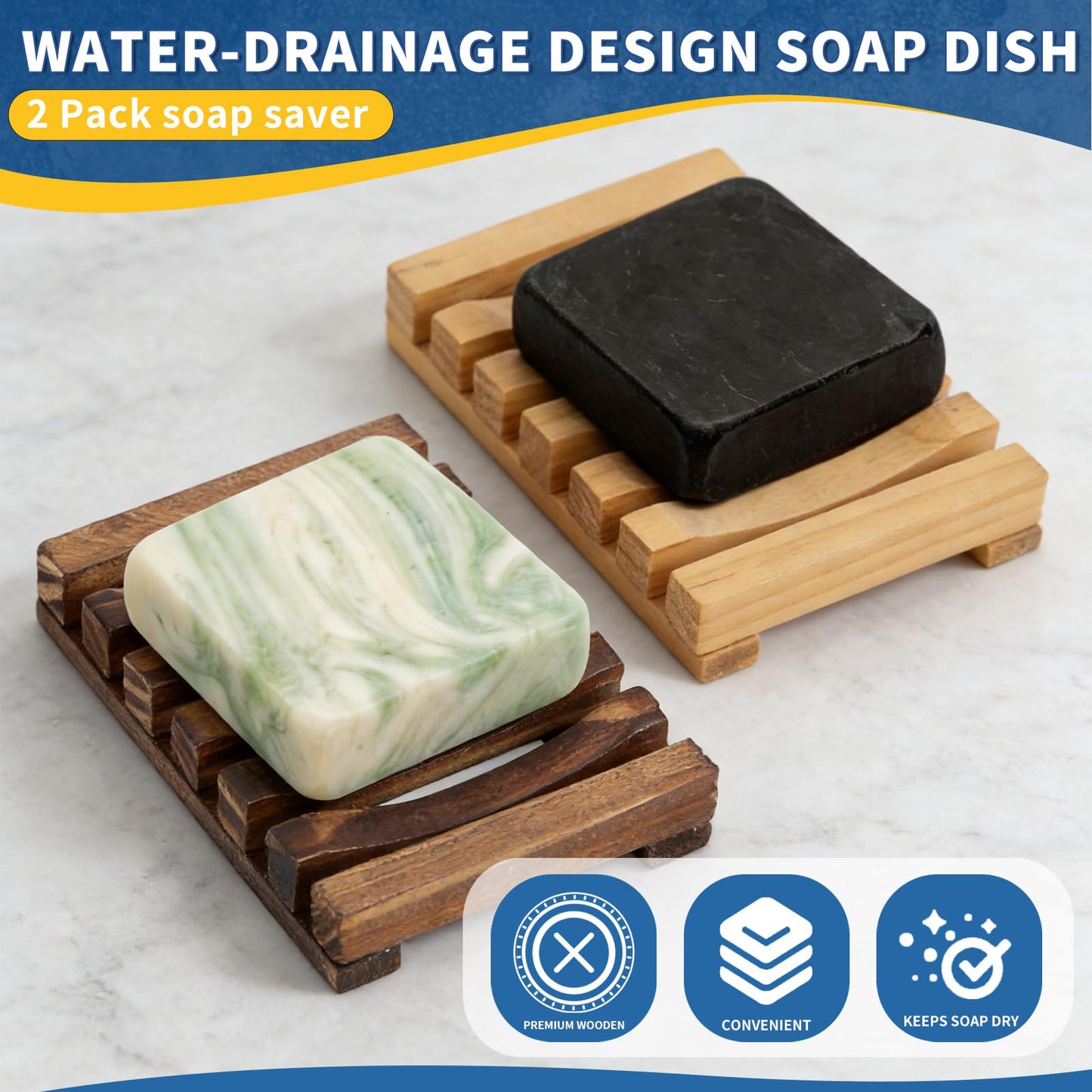 Soap Saver Compatible with Dr. Squatch, Set of 2 Wooden Soap Dish for Shower, with Self Draining, Extend Soap's Life and Keep Dry, Ideal for Bathroom, Bathtub and Shower, Charcoal and Wooden Color
