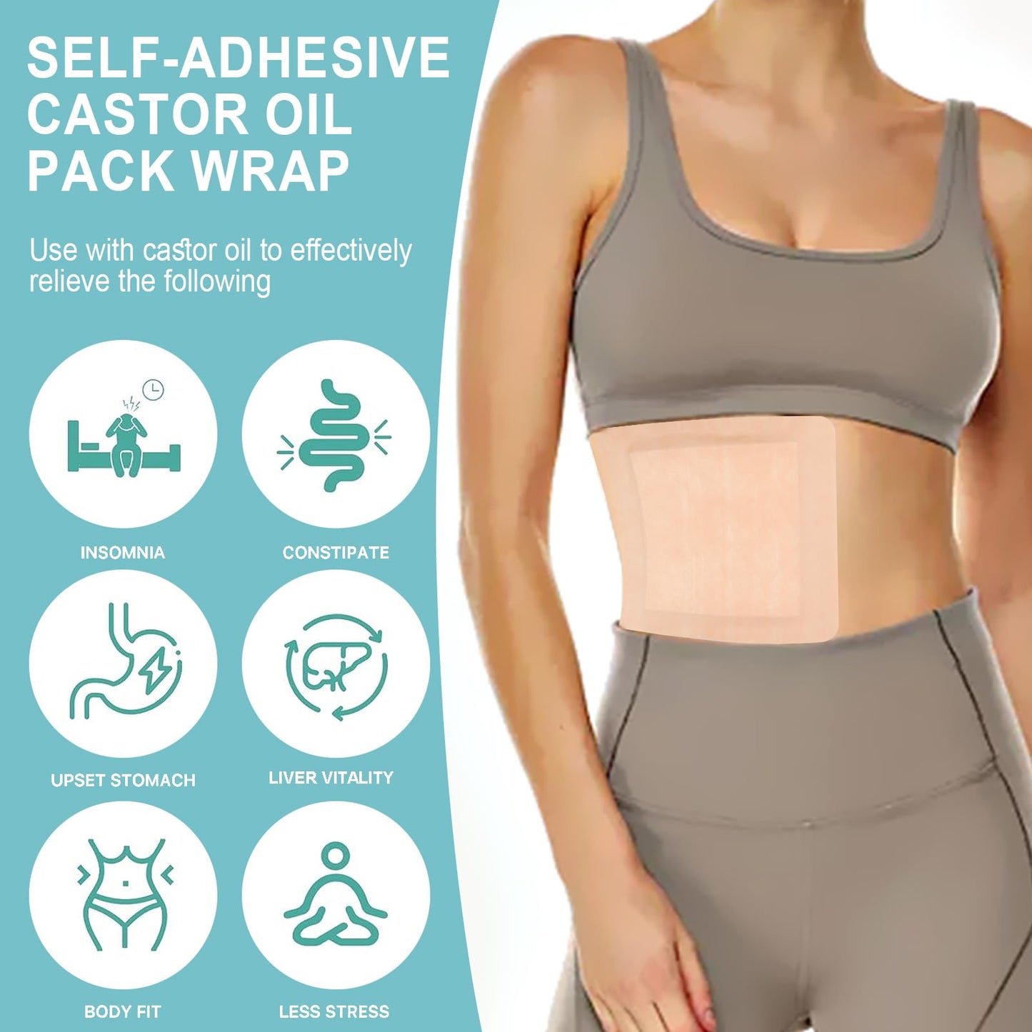 20Pcs Castor Oil Pack Wrap for Liver, Stomach, Belly Button | 8.7"*7.9" Organic Cotton Pads | Highly Absorbent Self-Adhesive Disposable Patches | No Wash, 100% Leak-Free(Oil Not Included) US Patented