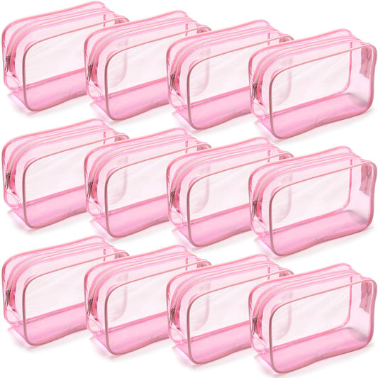 Weewooday 12 Pieces Clear Cosmetics Bag PVC Zippered Clear Toiletry Carry Pouch Cosmetic Makeup Bag Waterproof Makeup Vinyl Plastic Organizer Case for Vacation Bathroom(Light Pink,Medium)
