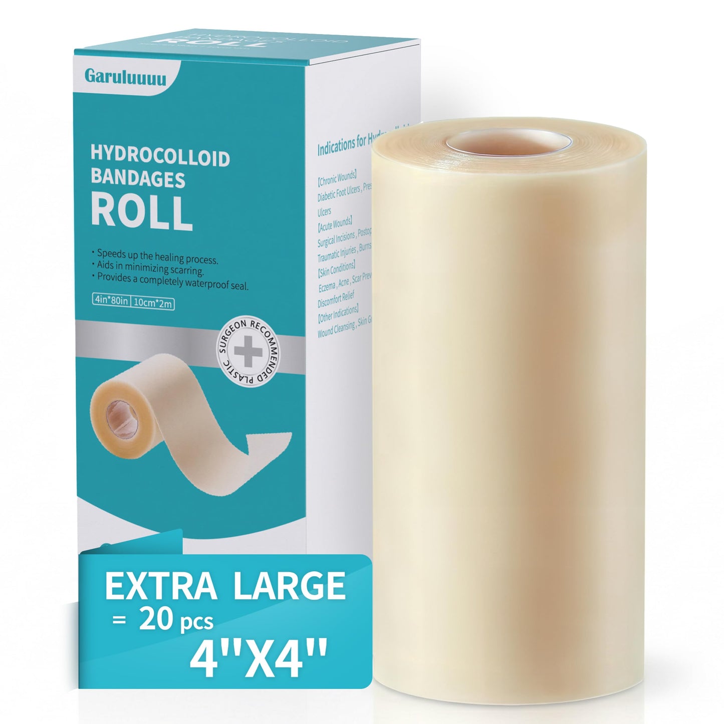 Hydrocolloid Bandages Roll 4" x 80",Hydrocolloid Roll for Wound Care,20 Pcs Ultra Thin 4" x 4" Large Patch Bandages with Self-Adhesive(Cut-to-Size),Hydrocolloid Wound Dressing,Sterile and Waterproof