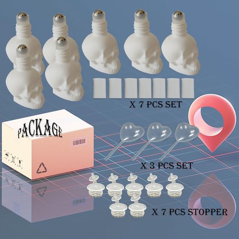 MINELEVEN 7 pcs Set 10ml Mini Skull Glass Oil Roller Bottles Leakproof Essential Oils Bottle for Storage and Travel (white)