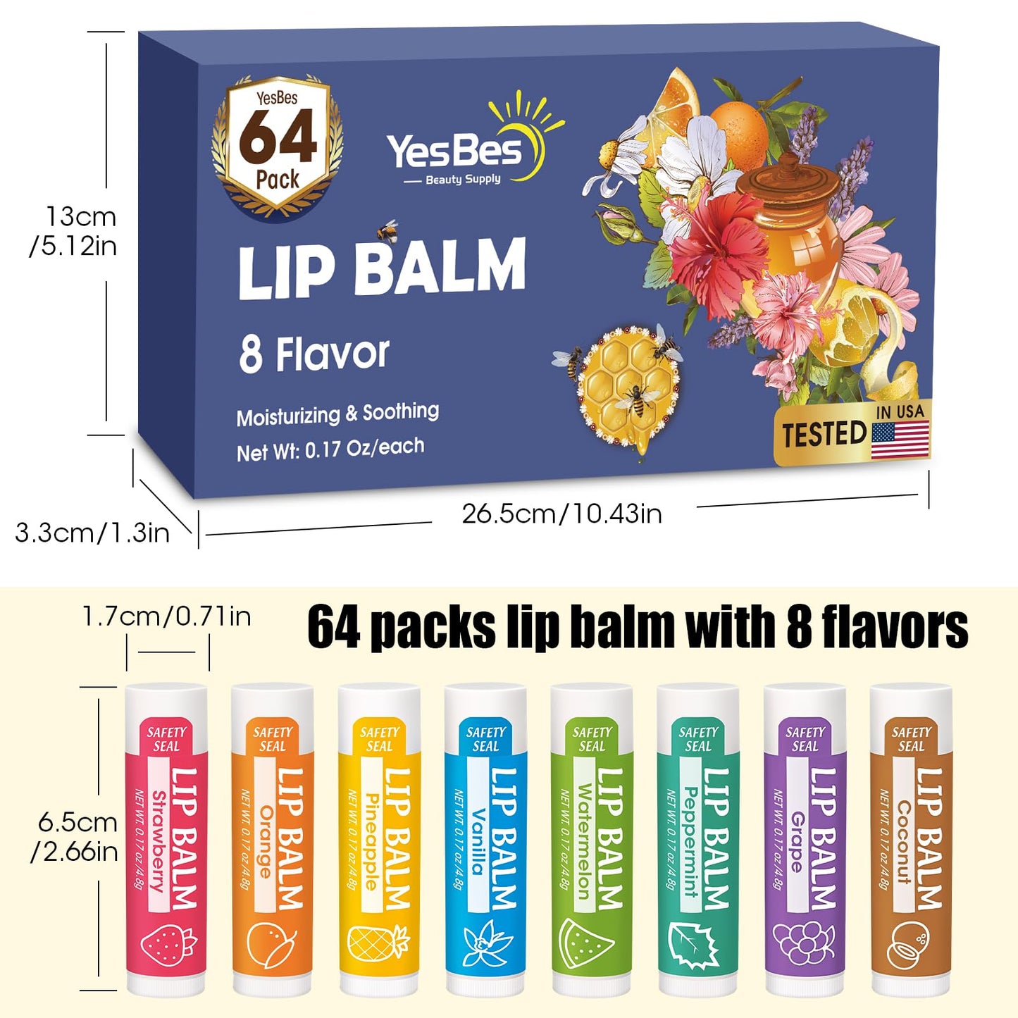 YesBes 64 Pack Lip Balm, Natural Lip Balm Bulk with Vitamin E and Coconut Oil, Moisturizing Lip Balms for Dry Cracked Lips, Lip Balms for Mothers Day Gifts Stocking Stuffers - 8 Flavors