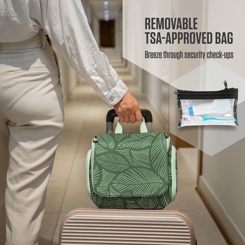 VENTURE 4TH Hanging Travel Toiletry Bag for Women & Men - Travel Organizer with Expandable Compartments & Removable Clear Pouch for Toiletries (Green Leaves)