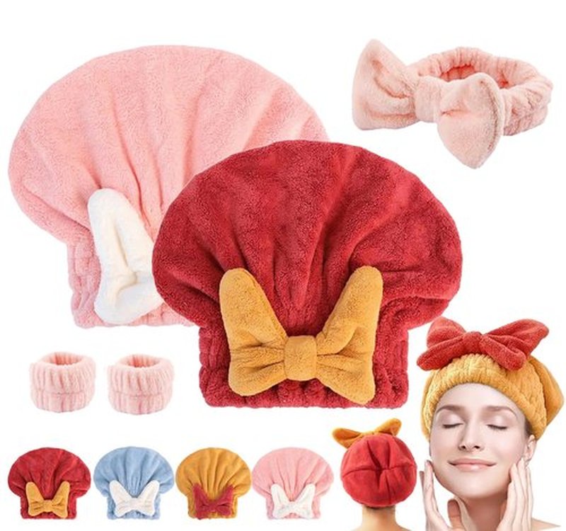 bokando Super Absorbent Hair Towel Wrap for Wet Hair, Efficient Hair Towel Wrap for Women, Quick-Drying Thickened Soft Bow Tie Hair Towel Wrap for Wet Frizzy Long Thick Hair (Red&Pink)