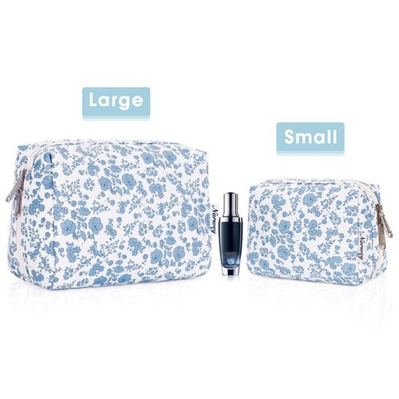 Narwey Cute Floral Makeup Bag Travel Cosmetic Bag Organizer Toiletry Bag Make Up Bags with Organized Pocket for Women (Large, Little Blue Flower)