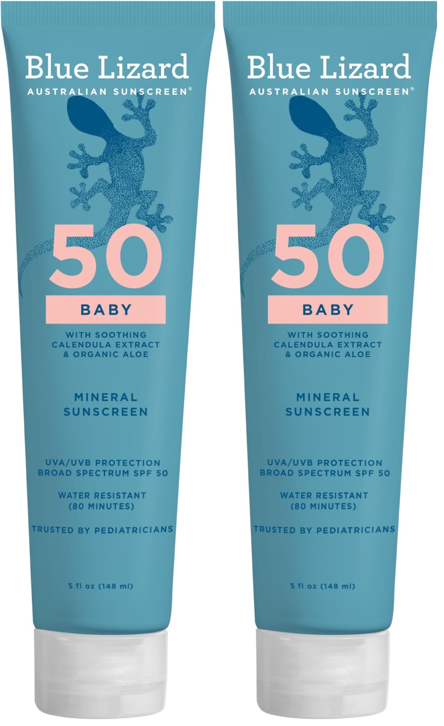 Blue Lizard BABY Mineral Sunscreen with Zinc Oxide,SPF 50+,Water Resistant,UVA/UVB Protection with Smart Cap Technology - Fragrance Free,5 oz. Tube,(Pack of 2)
