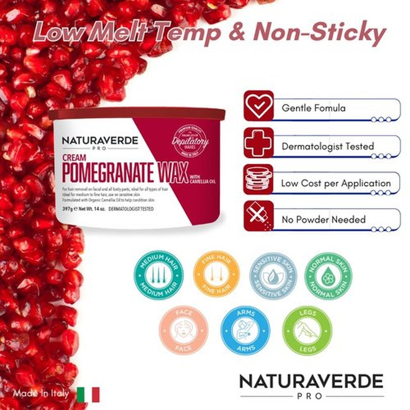NaturaverdePro Pomegranate Soft Wax for Body and Facial Hair Removal, Wax Hair Remover for Women with Sensitive Skin, Formulated with Organic Camellia Oil - 14oz