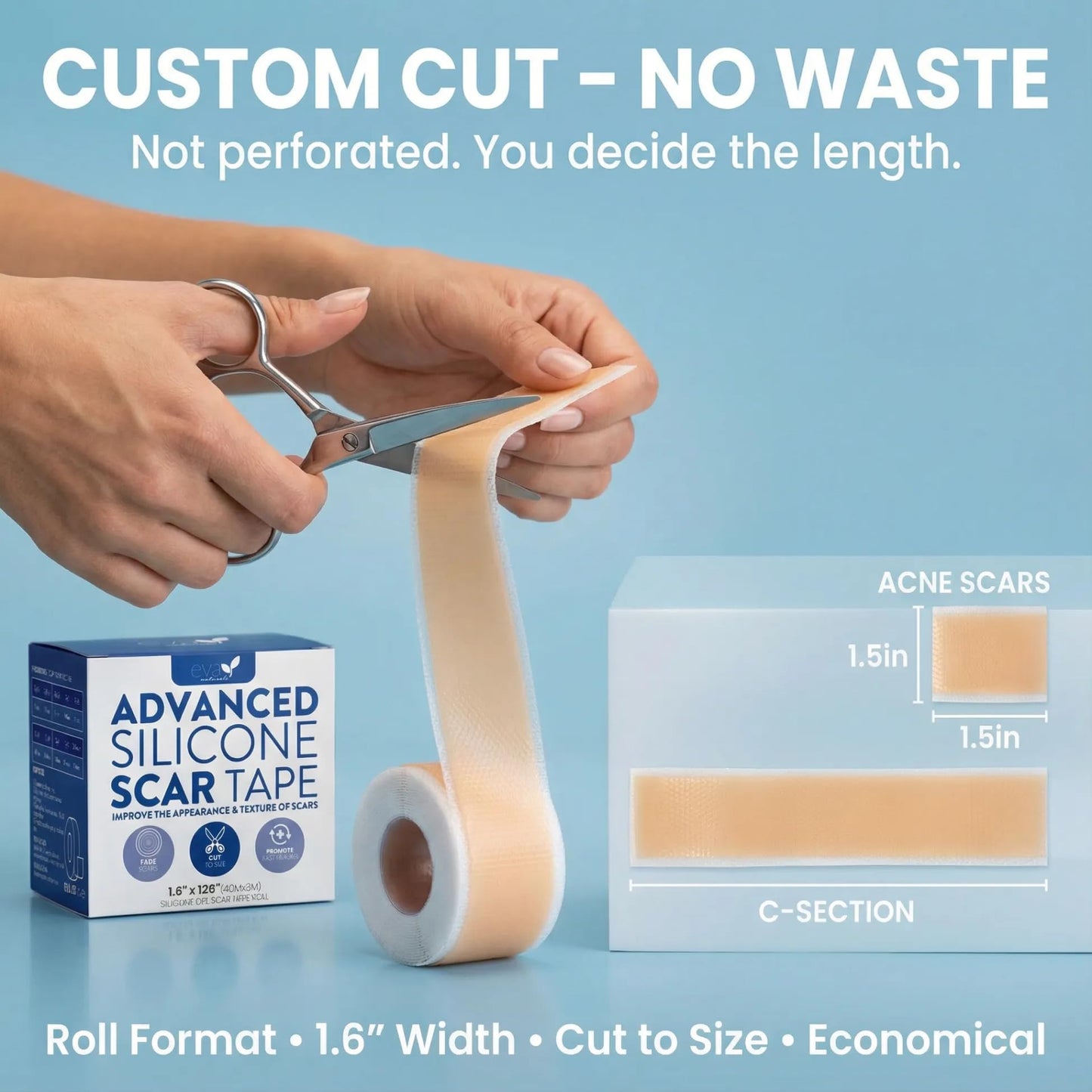 Soft, Medical Grade Silicone Tape for Scars (1.6” x 120”) - Reduce The Appearance of Surgical, C Section, Hypertrophy, Keloid Scars, & Acne Scars - Silicone Scar Tape for Surgical Scars, (3 Pack)