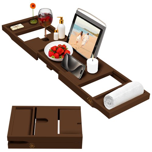 Foldable Bathtub Tray - Expandable Bamboo Bath Caddy with Wine, Book & Tablet Holder - Luxurious Bath Accessories, Perfect Spa Experience - Unique Gifts for Mom, Women, Couples, Housewarming (Brown)