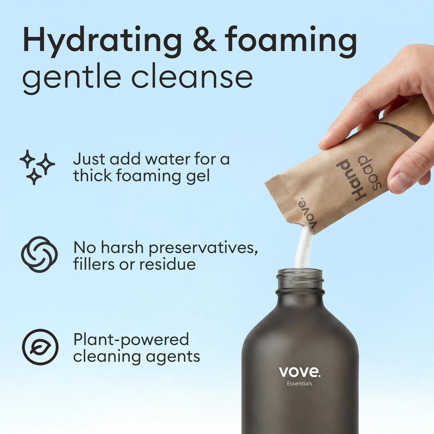 Vove Hand Soap Refills 3-Pack, Mandarin, Geranium & Cedarwood, Powder-to-Gel Hand Wash with Aloe Vera & Cactus Extract, Plant-Based Formula, Moisturizing Allantoin, Plastic-Free Compostable Packaging