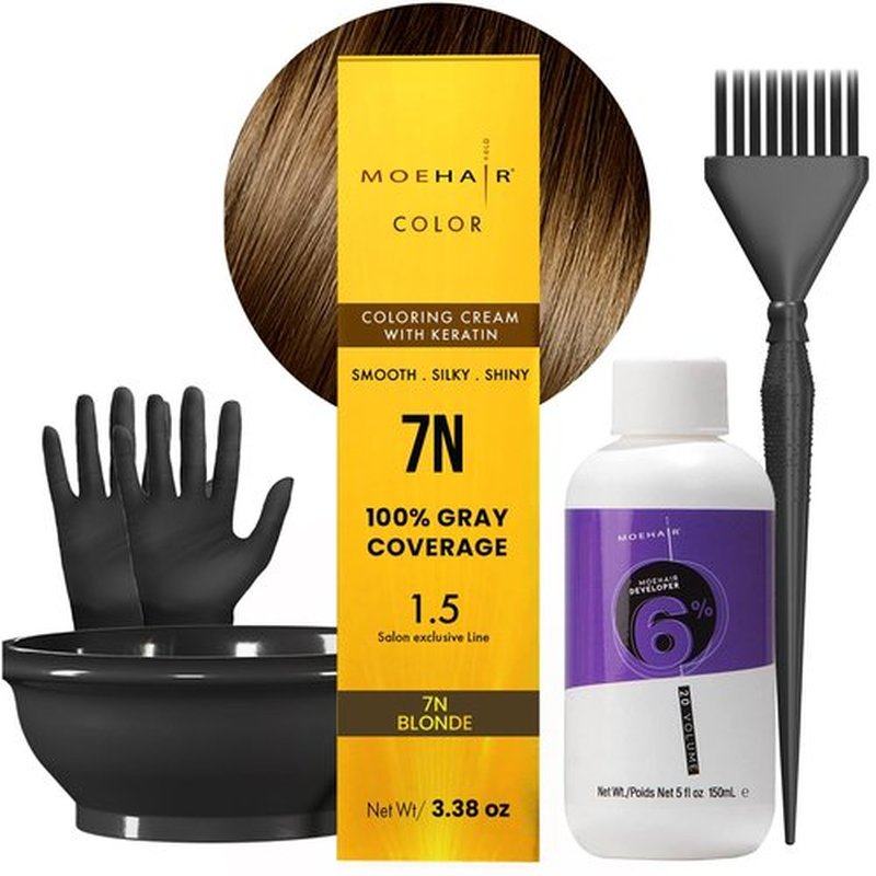 MOEHAIR Hair Coloring Kit | 7N Permanent Hair Color (Dark Blonde), 20 Volume Developer 6%, Coloring Brush, Gloves & Mixing Bowl | Keratin Infused Color | 100% Gray Coverage | Adds Shines & Softness