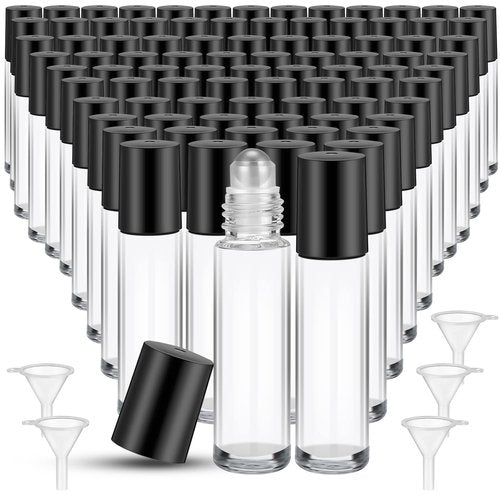 SEEWEY 96 Pcs Essential Oil Roller Bottles 10ml Empty Glass Roller Bottles with Stainless Steel Roller Balls Protection Leakproof with 5 Funnel for Travel Perfume Lip Gloss (Clear, Black Lid)