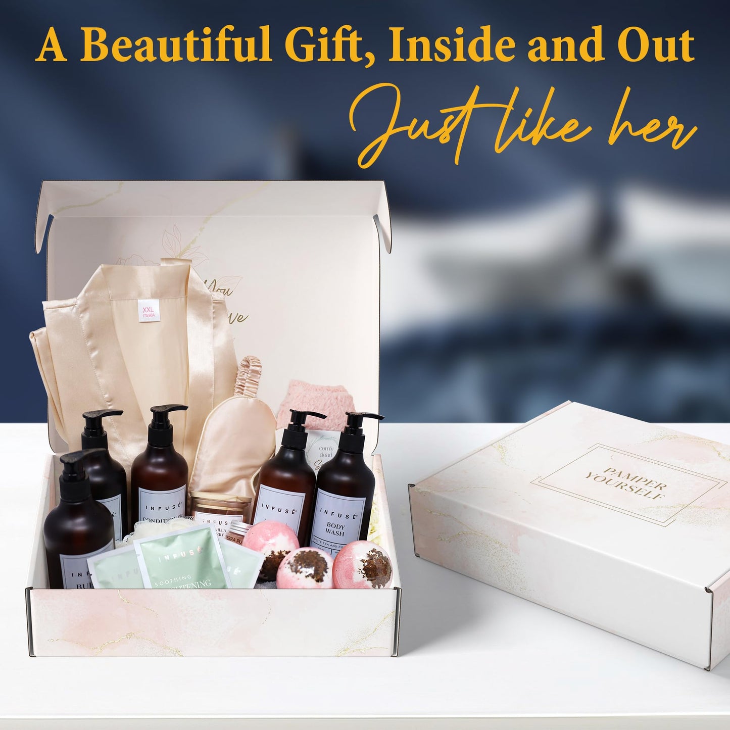 INFUSÉ 17-Piece Spa Gift Box for Women | Mother’s Day & Graduation Gift | Eye Mask, Candle, Robe, Loofa, Bath Bombs, Face Masks, Bubble Bath, Lotion, Body Wash, Bath Salt, Shampoo, Conditioner & Socks