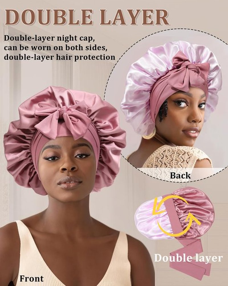 Reversible Satin Bonnet for Sleeping Women Silk Bonnet Double Layer Hair Bonnet with 2PCS Hair Scrunchies Elastic Tie Band Night Cap Hair Wrap for Natural Curly Hair (Bean Paste + Pink)