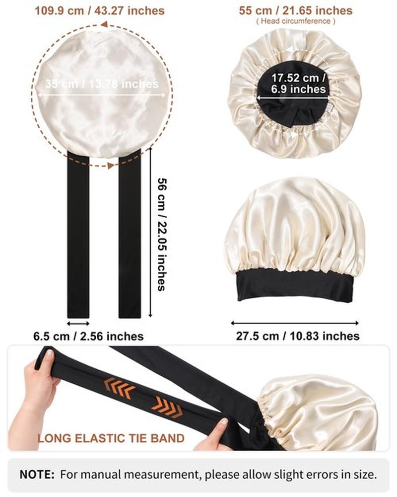 Satin Bonnet for Women Silk Bonnets for Sleeping Curly Hair Bonnet with Elastic Tie Band Reversible Double Layer Sleep Cap Hair Wrap (Black + Champagne)